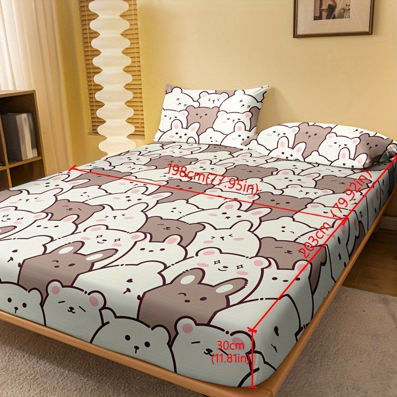 Cartoon Bear Print Fitted Sheet Soft Comfortable Mattress Protector Deep Pocket Bed Sheet