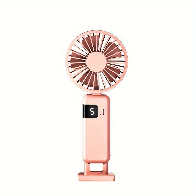 Portable Handheld Fan with LED Display, 5-Speed, Foldable, USB Rechargeable