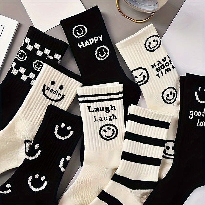 Women’s Vintage Style Mid Tube Socks 8 Pairs Knee-High Smiling Face Print