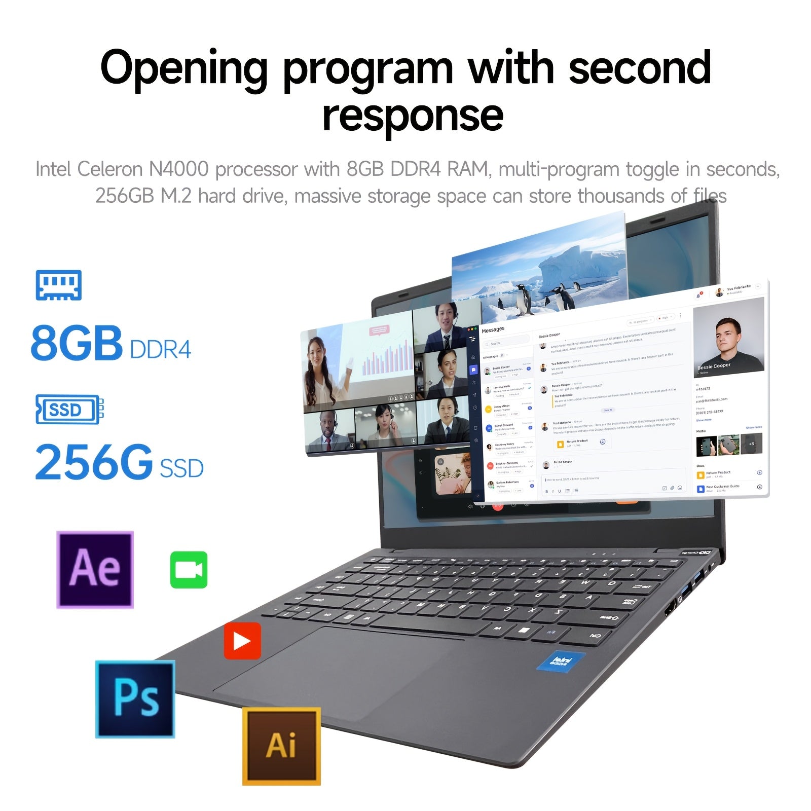 Portátil de negocios de 14 pulgadas con 8GB de RAM, 256GB SSD, pantalla FHD, Wi-Fi, USB, cámara frontal