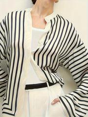 Women's Striped Button-Up Shirt Black White Long Sleeve Casual Formal Top