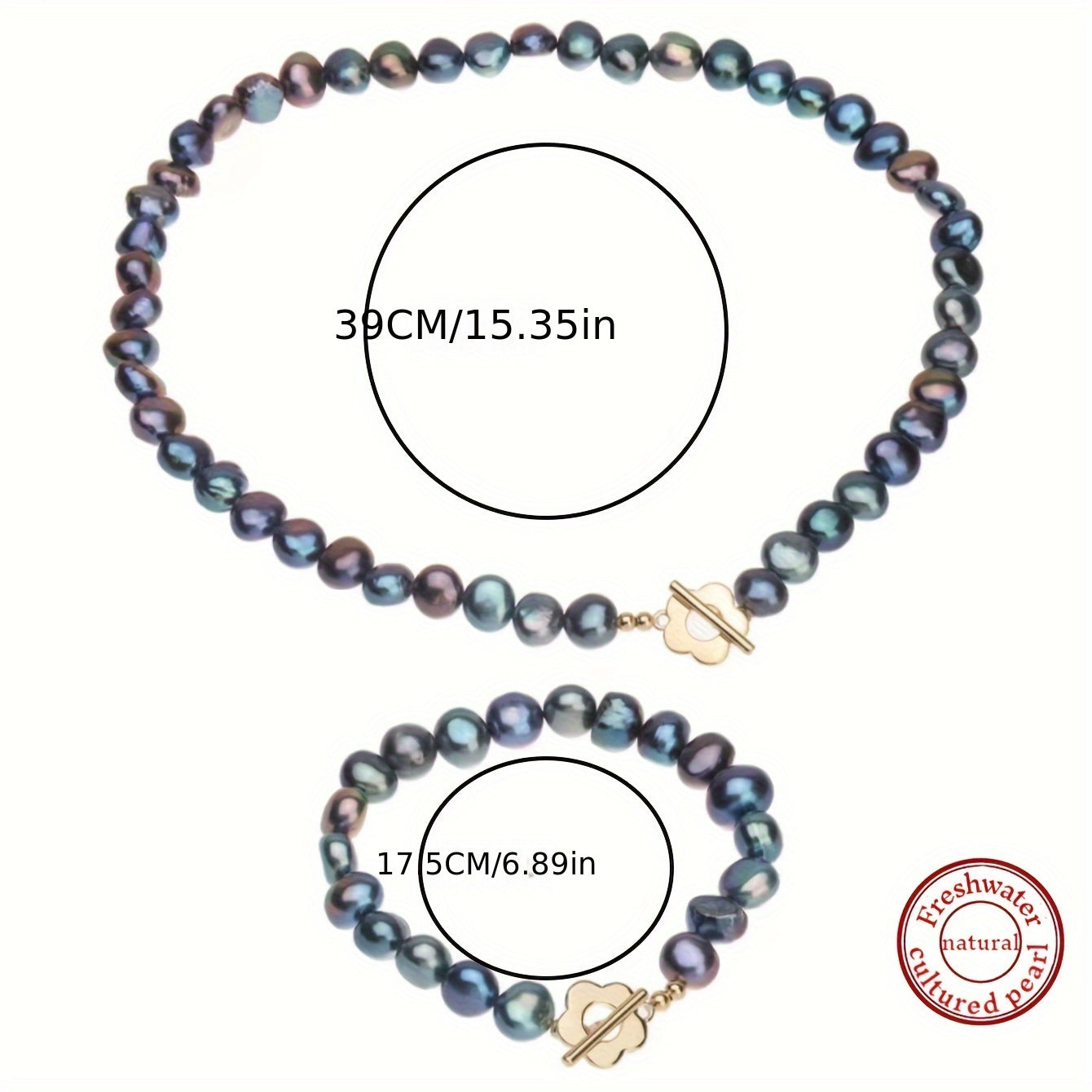 Conjunto de joyería de perlas de agua dulce negras con collar y pulsera de perlas barrocas de 7-8mm para mujeres