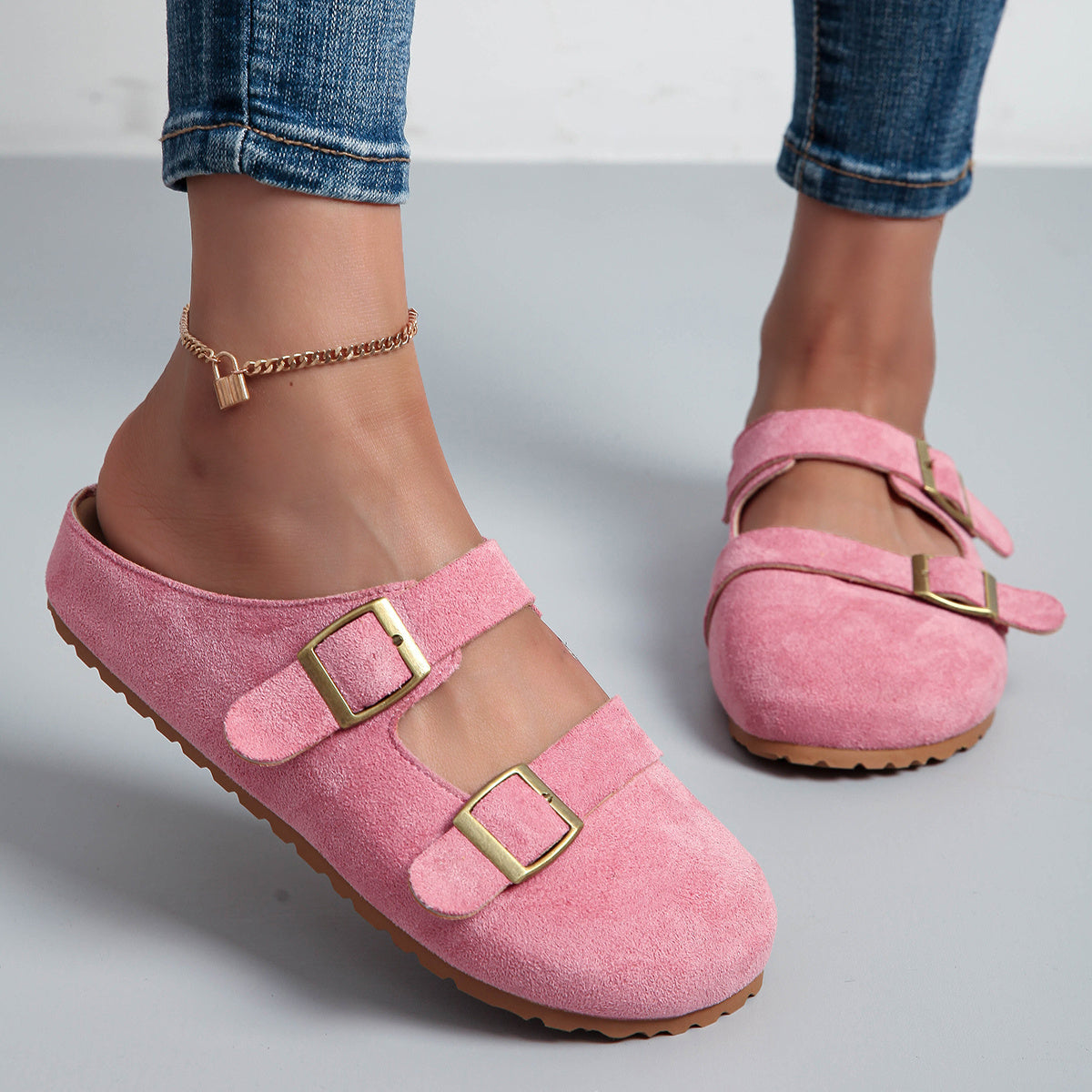 Women Pink Faux Cover Slip-On Loafers with Gold Buckle and Platform Sole