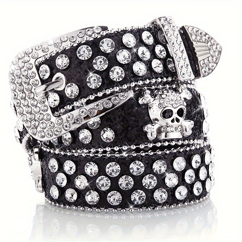 Cowboy Cowgirl Rhinestone Skull Rivet Belt Sequin PU for Hip Hop Jeans