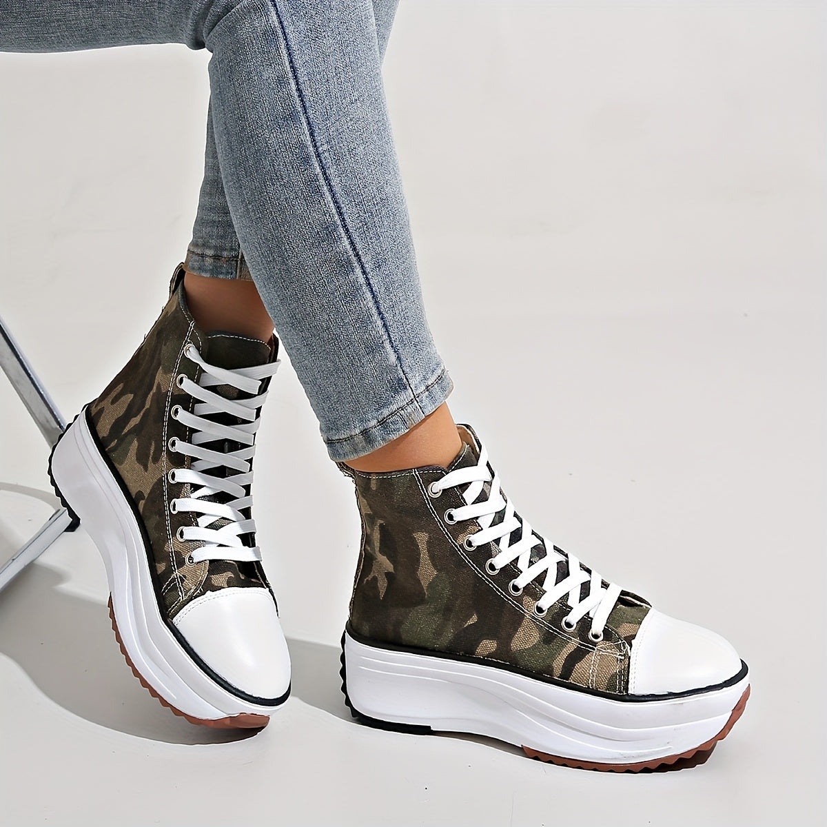 Women's Camouflage High Top Canvas Sneakers With Round Toe Lace Up Platform