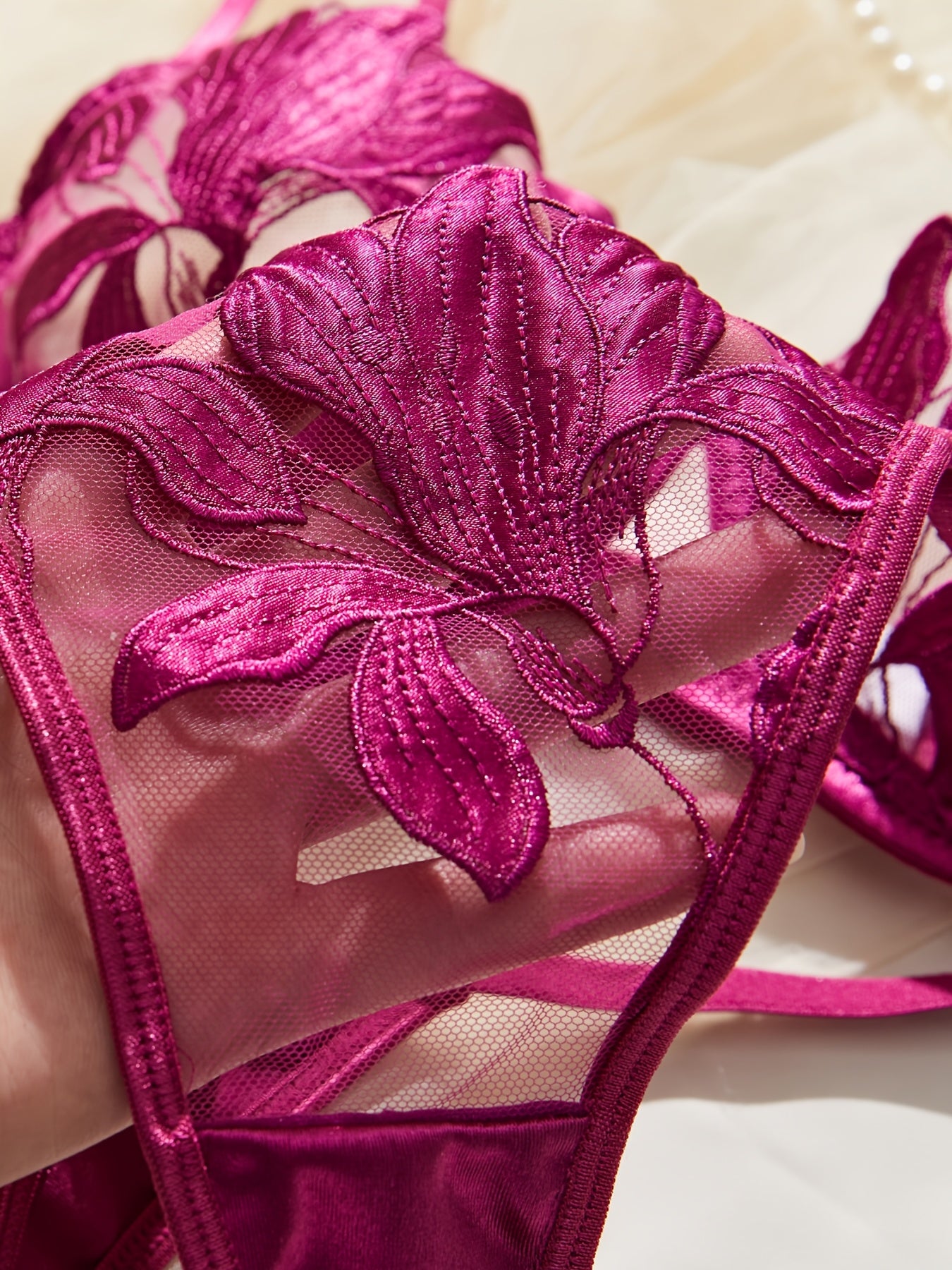 Sheer Embroidered Floral Lingerie Set with Polyester and Elastane Adult Lash Sets Included