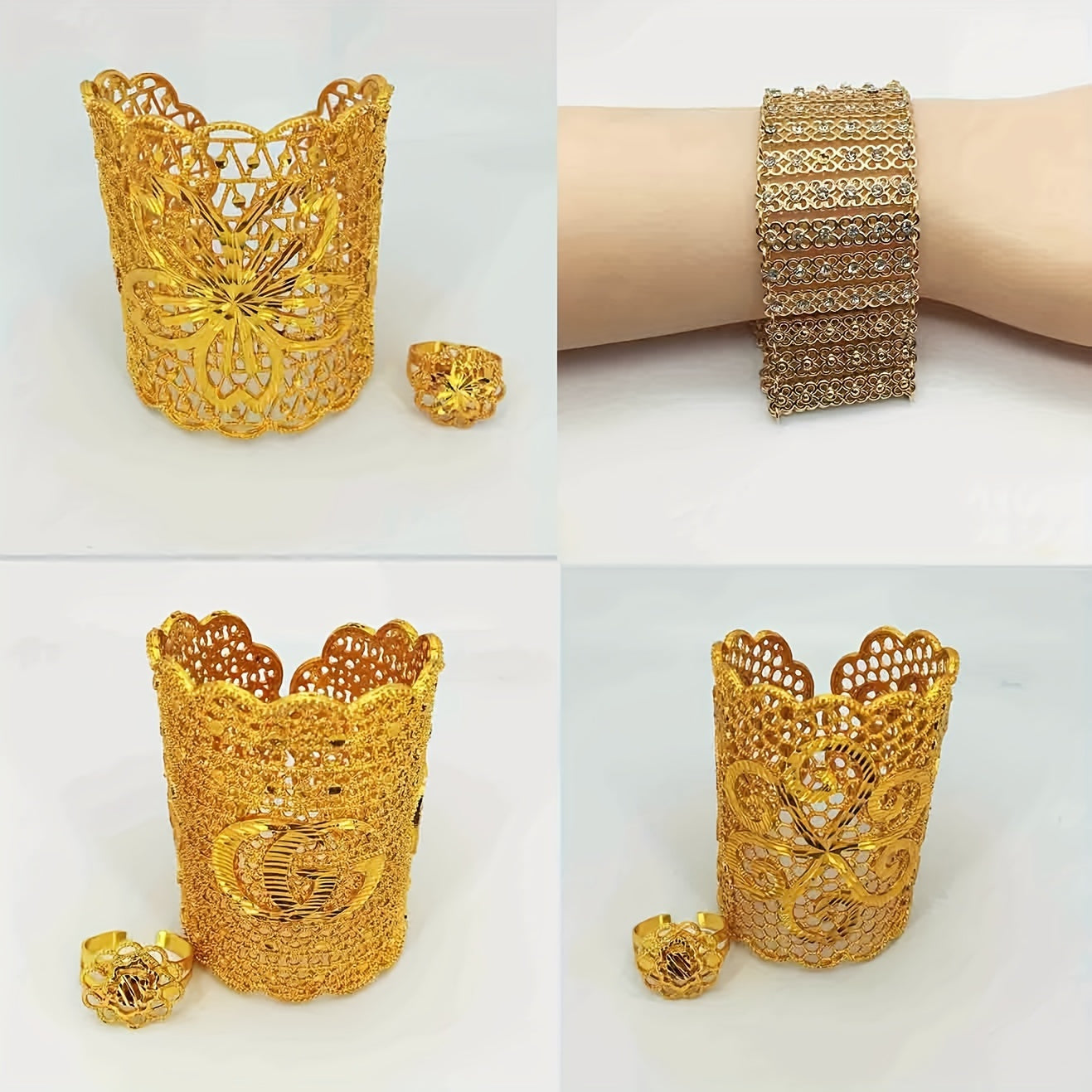 Set of 2 Copper Jewelry Pieces Open Cuff Bracelet and Ring Filigree Design for Special Occasions