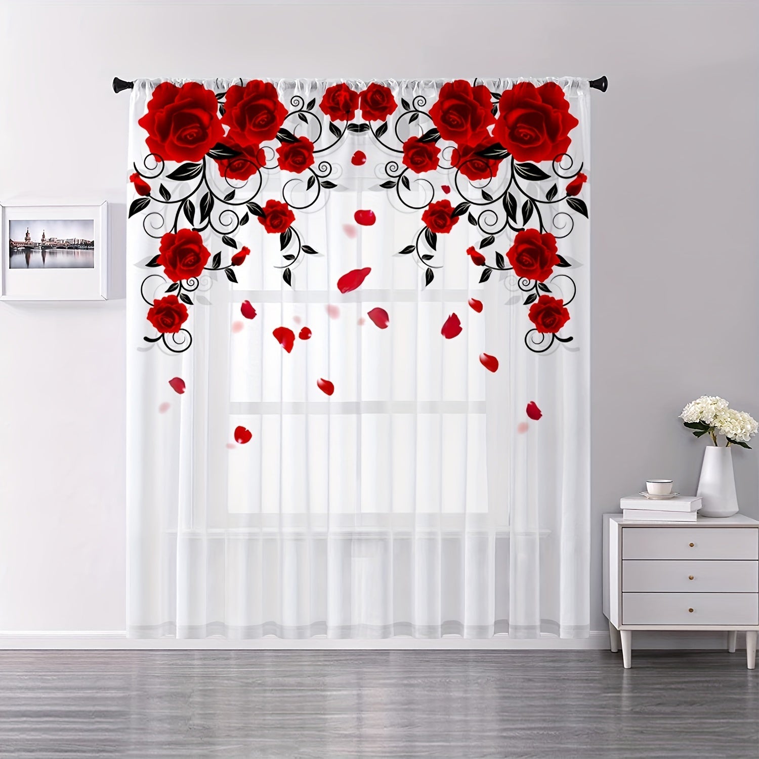 Red Rose Printed Curtain with Rod Pocket for Bedroom Living Room Kitchen Home Decor