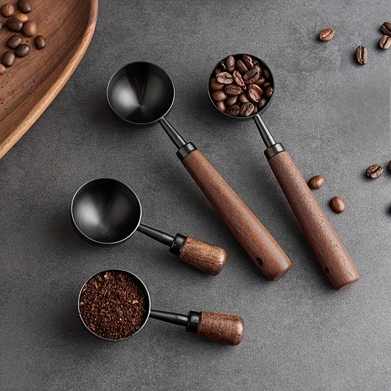 Juego de cucharas medidoras de café de 30 ml, acero inoxidable, mango de nogal, estilo vintage