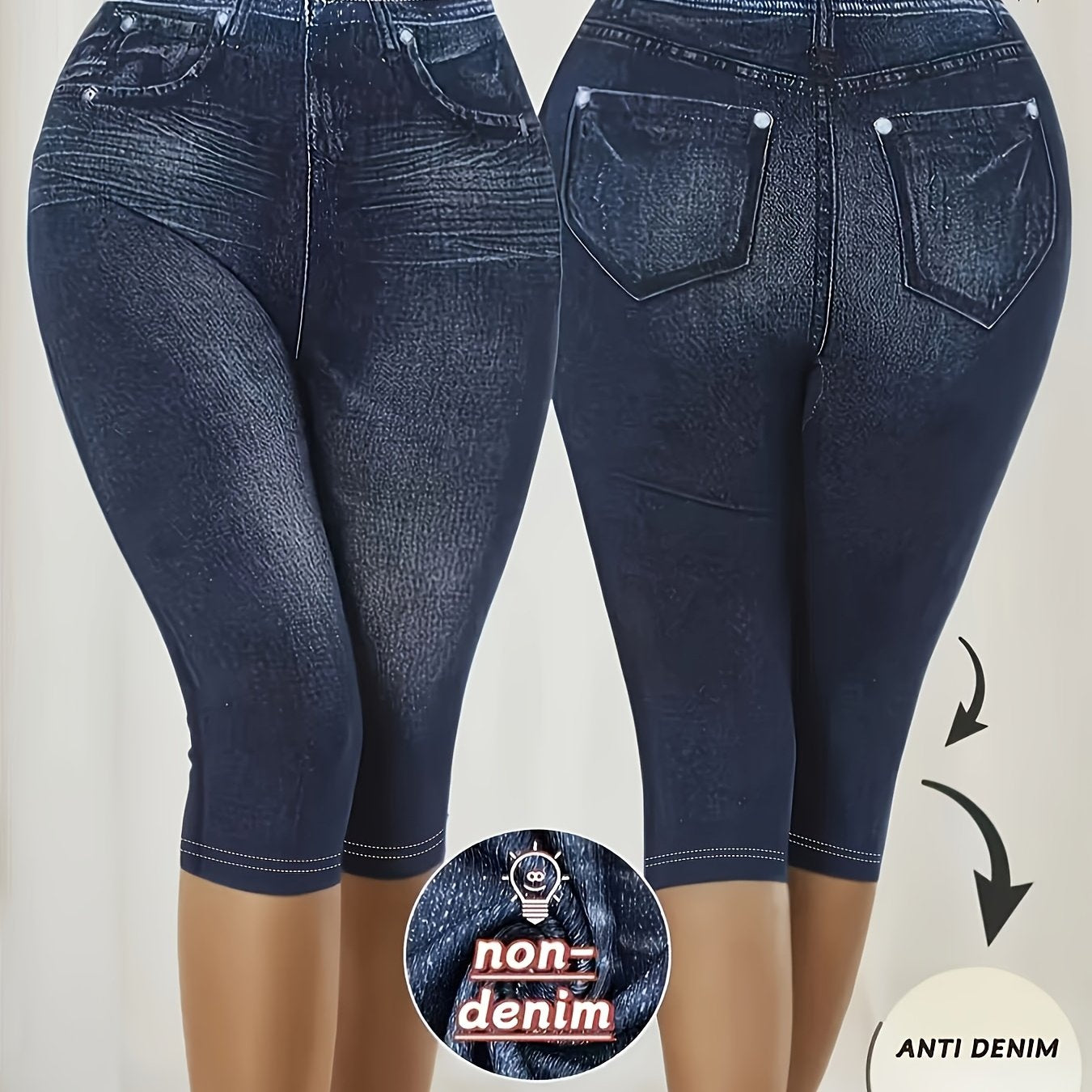 Plus Size Faux Denim Print Skinny Capri Pants for Women Spring Summer Fall