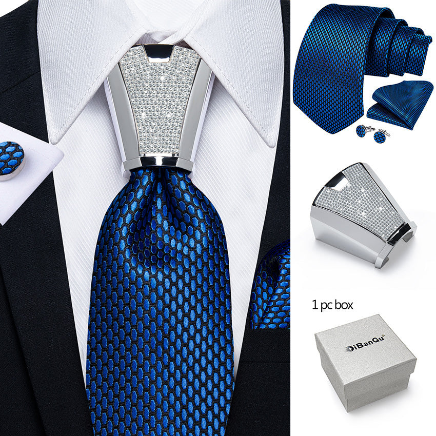 Men's Business Accessory Set with Silver Ring Cufflinks and Handkerchief