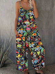 Mono corto casual sin mangas con estampado de calaveras en talla grande, con bolsillos y fruncido