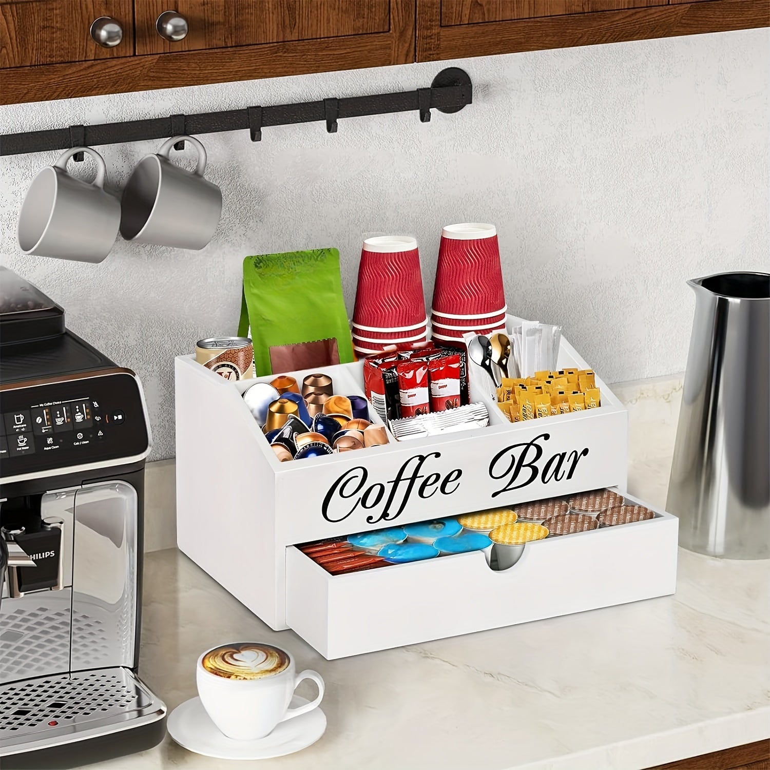 Organizador de barra de café de madera con cajón para tazas, cápsulas y accesorios, almacenamiento de cocina