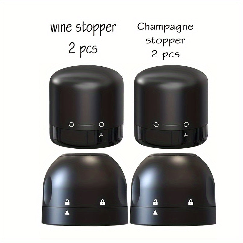 Set of 4 Black Leakproof Wine and Champagne Bottle Stoppers for Bars and Restaurants