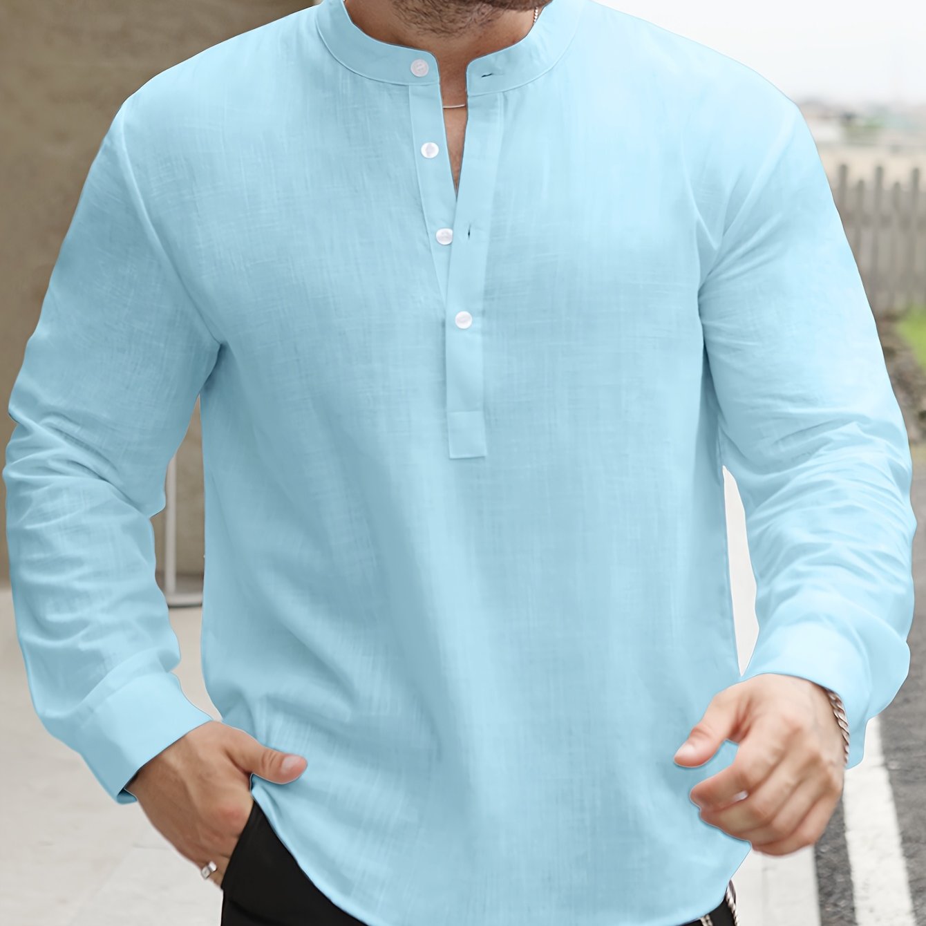 Men's Mint Green Bamboo Cotton Henley Shirt Long Sleeve Casual Summer Relaxed Fit
