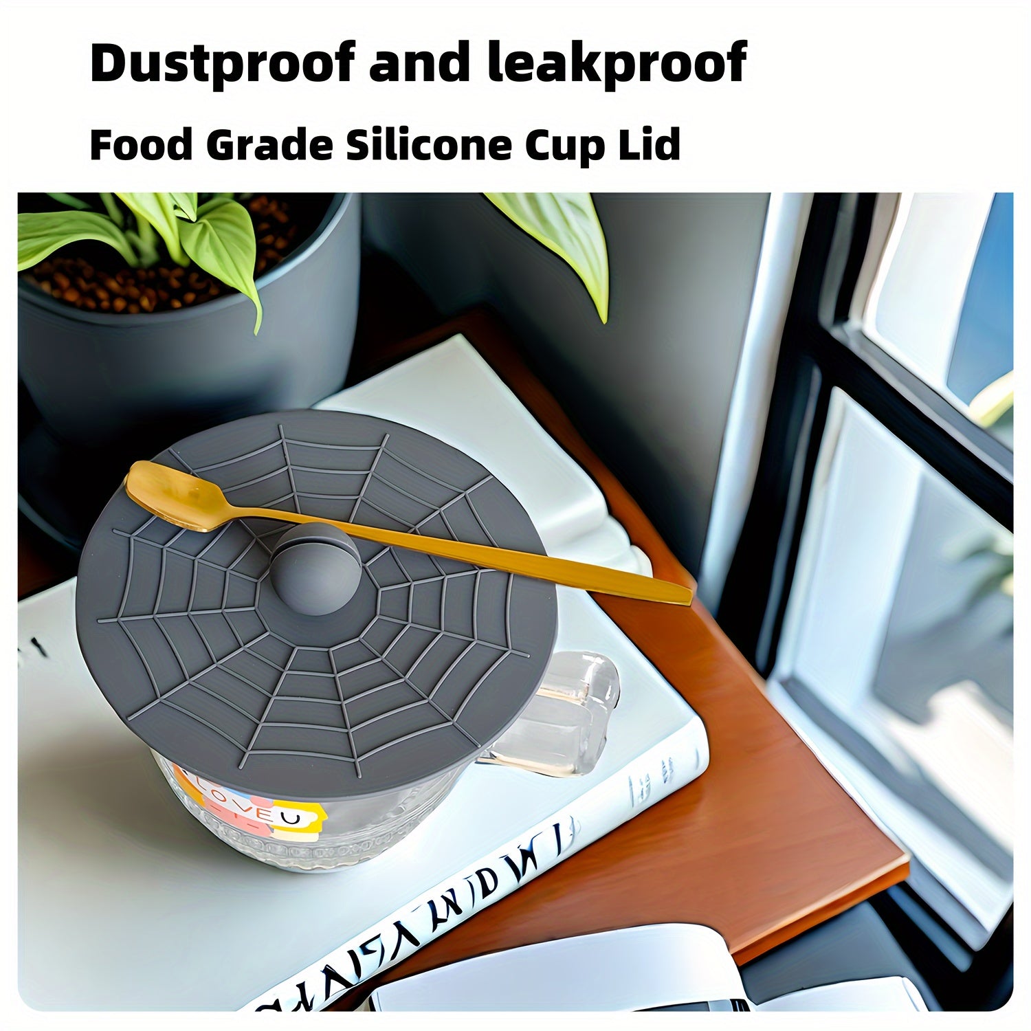 Silicone Cup Lid with Spoon Set Reusable Leakproof Cover for Ceramic Glass Tea Mug