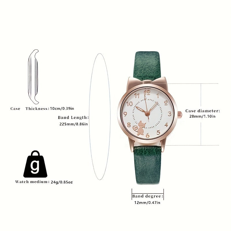 Женские и студенческие кварцевые часы с мультяшным котом, светящимся циферблатом и ремешком из PU-кожи