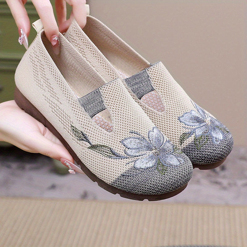 Women's Floral Slip-On Flats Breathable Knit Upper Casual Shoes Beige Gray Brown White