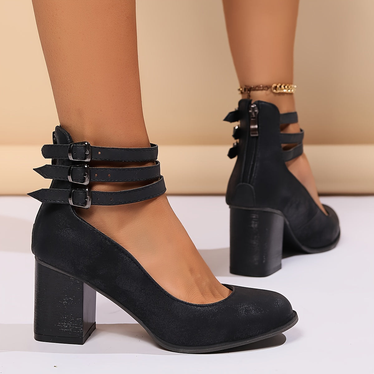 Women's Chunky High Heel Mary Jane Shoes Synthetic Platform Black Beige