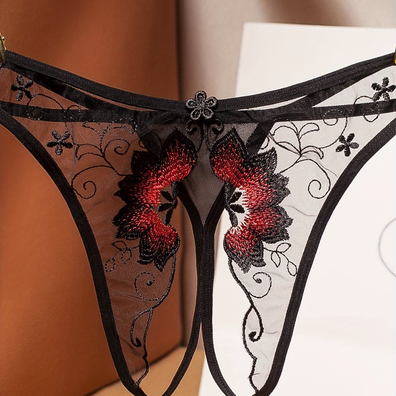 Women's Floral Embroidered Mesh Thongs with Open Crotch Sexy Lingerie