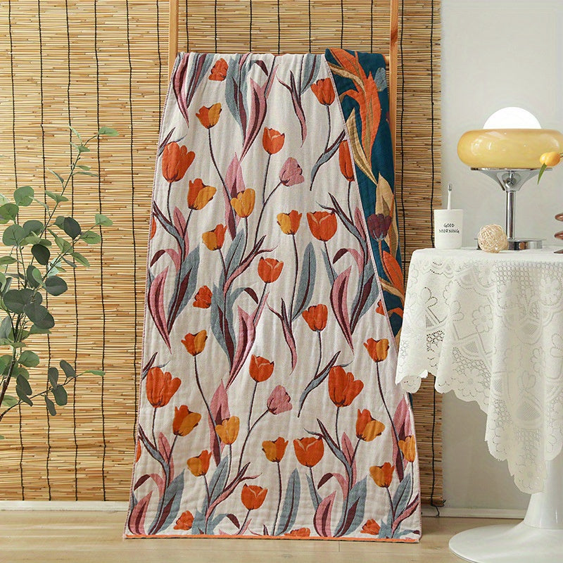 Cotton Gauze Bath Towel with Floral Pattern Soft Absorbent Machine Washable