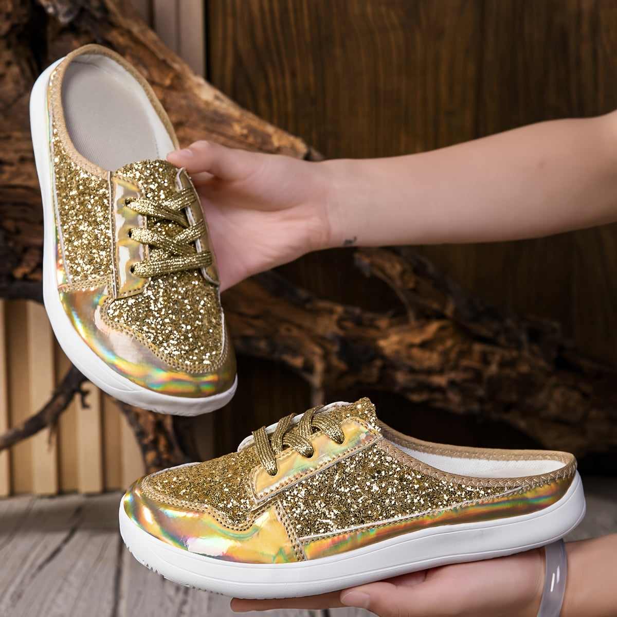 Women's Glitter Sequin Embellished Synthetic Cover Mules Breathable Summer Beach Shoes