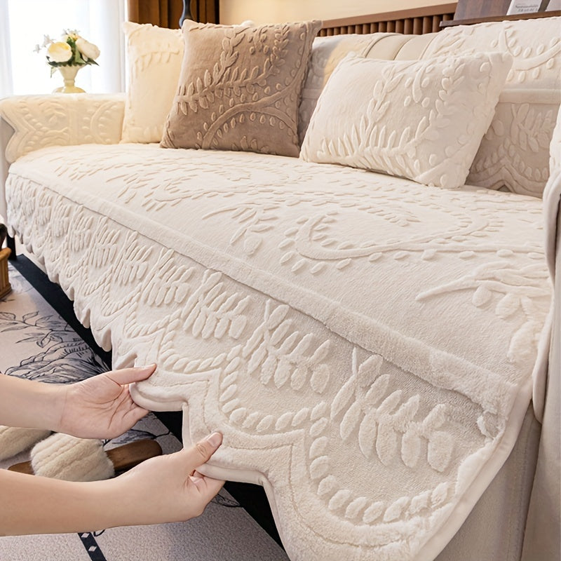 Beige Faux Rabbit Fur Sofa Cover for 1-4 Seaters with Floral Leaf Pattern Non-Slip Washable