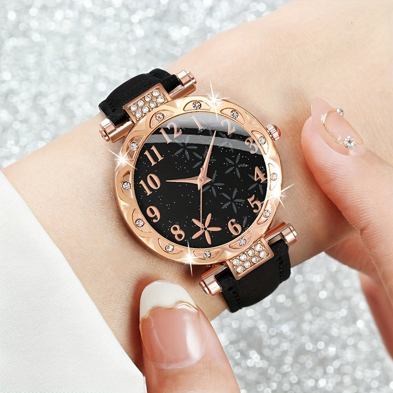 Women's Quartz Watch Set with Rhinestone Flower Detail and Jewelry Gift Set