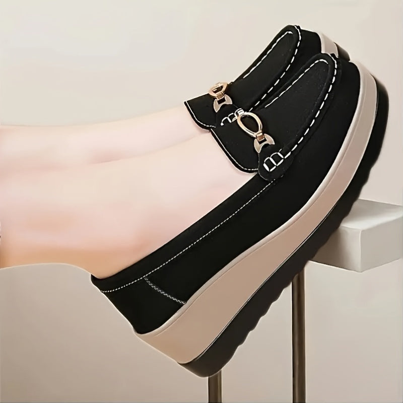 Women's Black Platform Loafers with Gold Buckle and Sequin Details