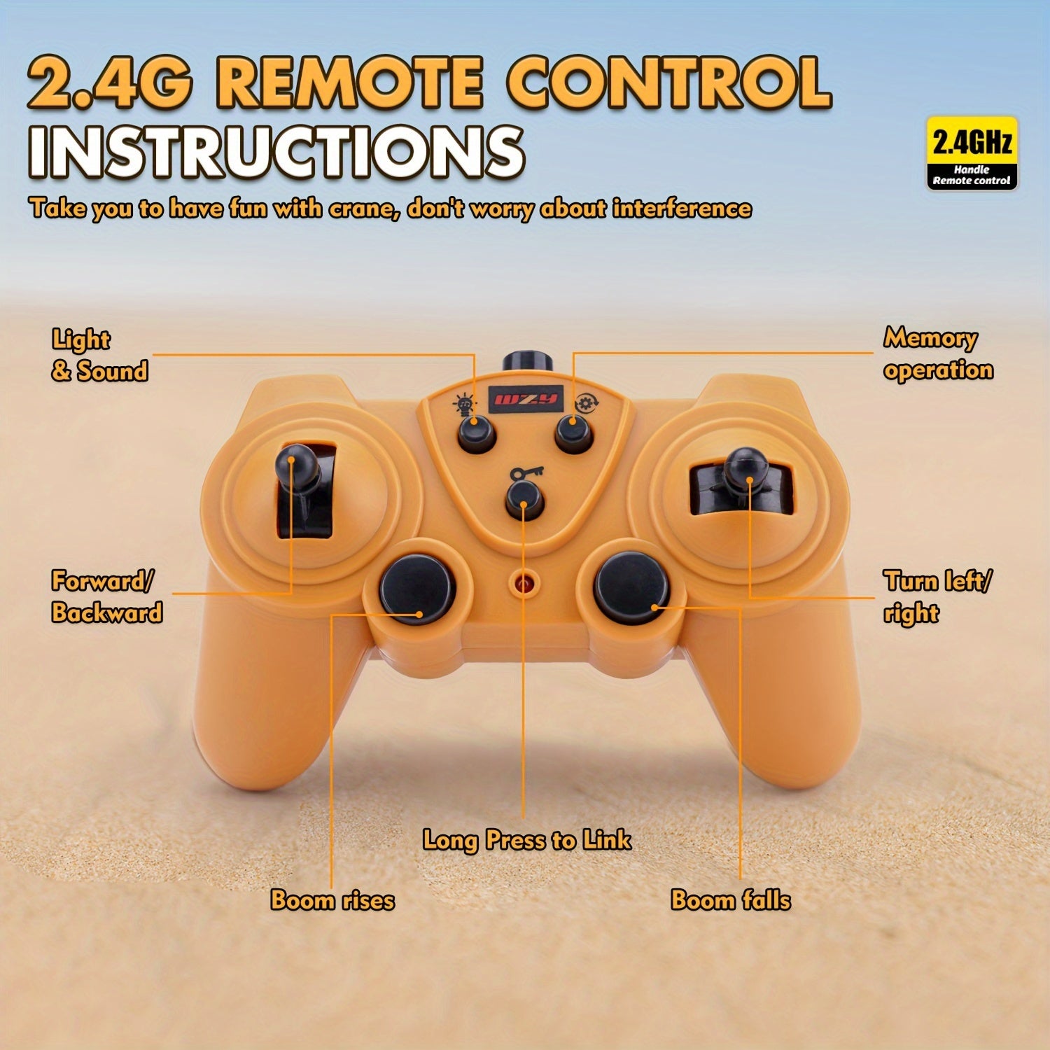 Juguete de grúa RC de 2.4GHz amarillo con luces, sonidos, rotación de 360°, control remoto de 8 canales, batería recargable