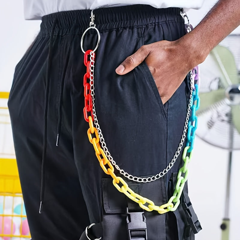 Men's Punk Style Pants with Double Layer Metal Acrylic Chains Rainbow Colors