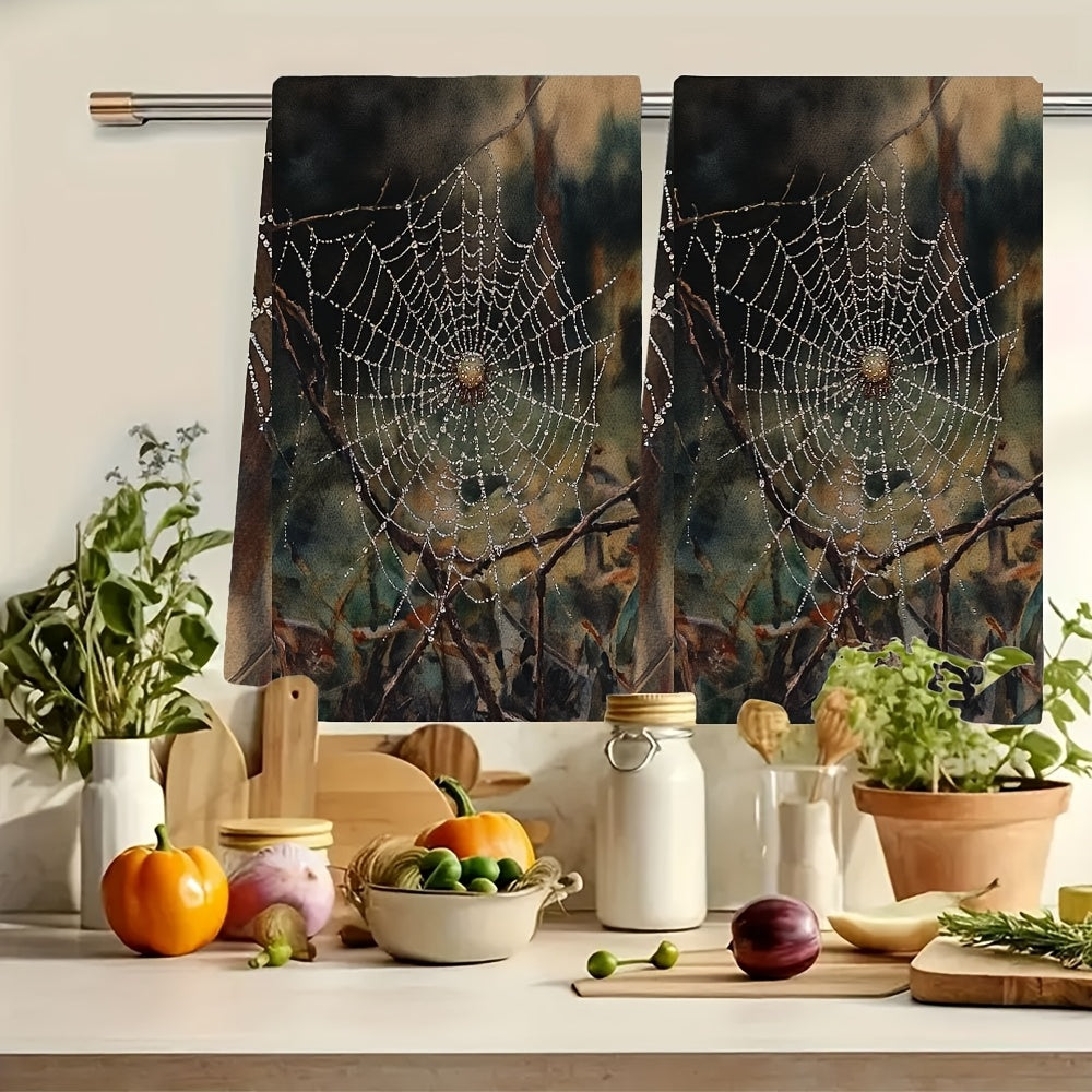 Set of 2 Ultra Plush Kitchen Towels Dewy Spider Web Design 40x60 cm Absorbent