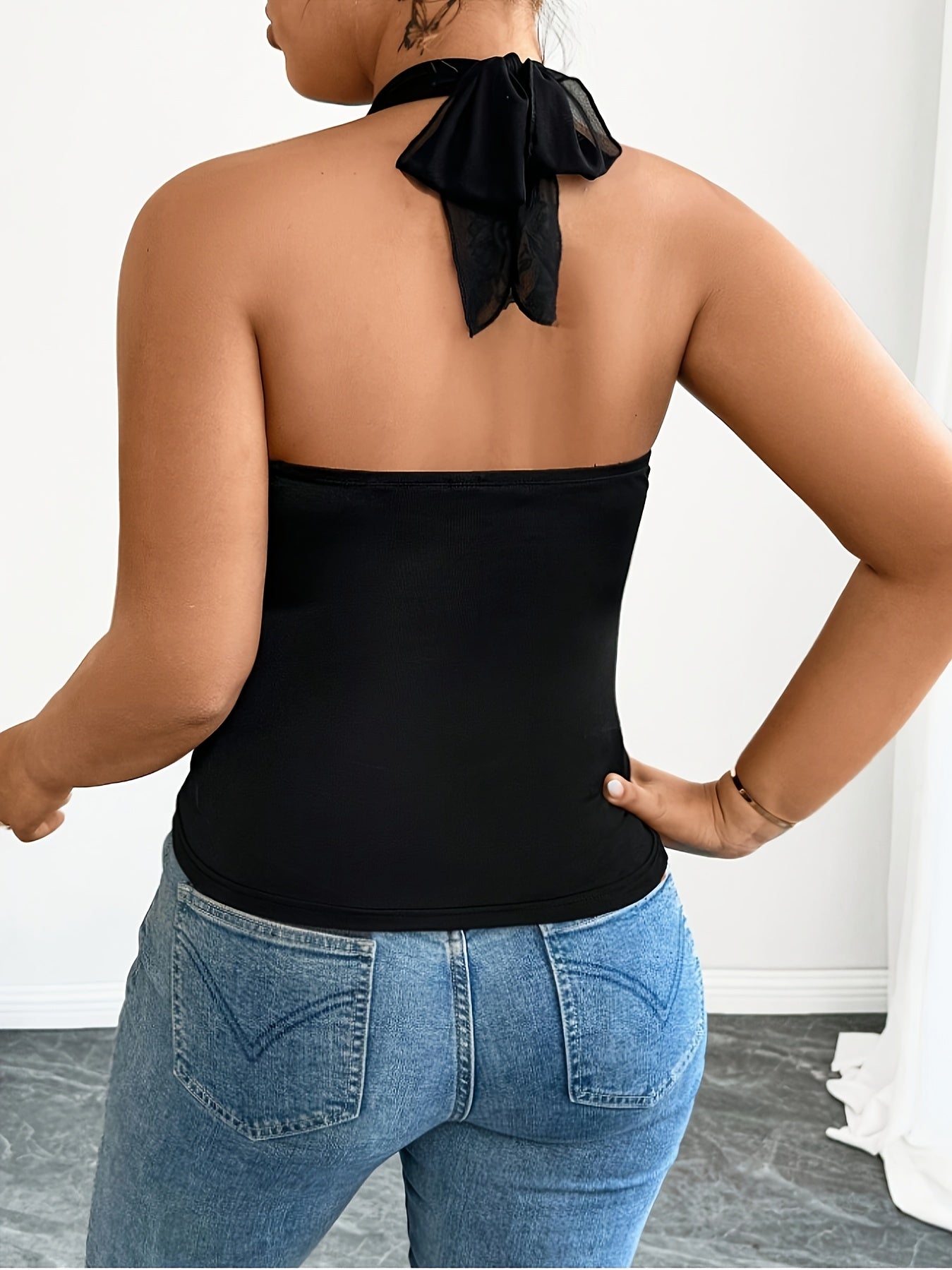 Женская блузка большого размера из сетки с халтером, черная, с переплетающимся узлом спереди, стильная вечерняя