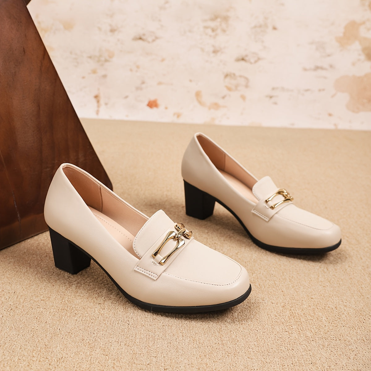 Women Beige Chunky Heel Pumps Square Toe Dress Shoes for Office Formal Wear
