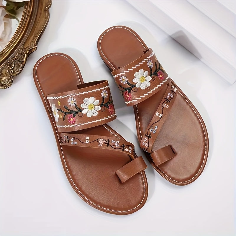 Ladies Open-Toe Embroidered Summer Slippers Breathable Flat Shoes
