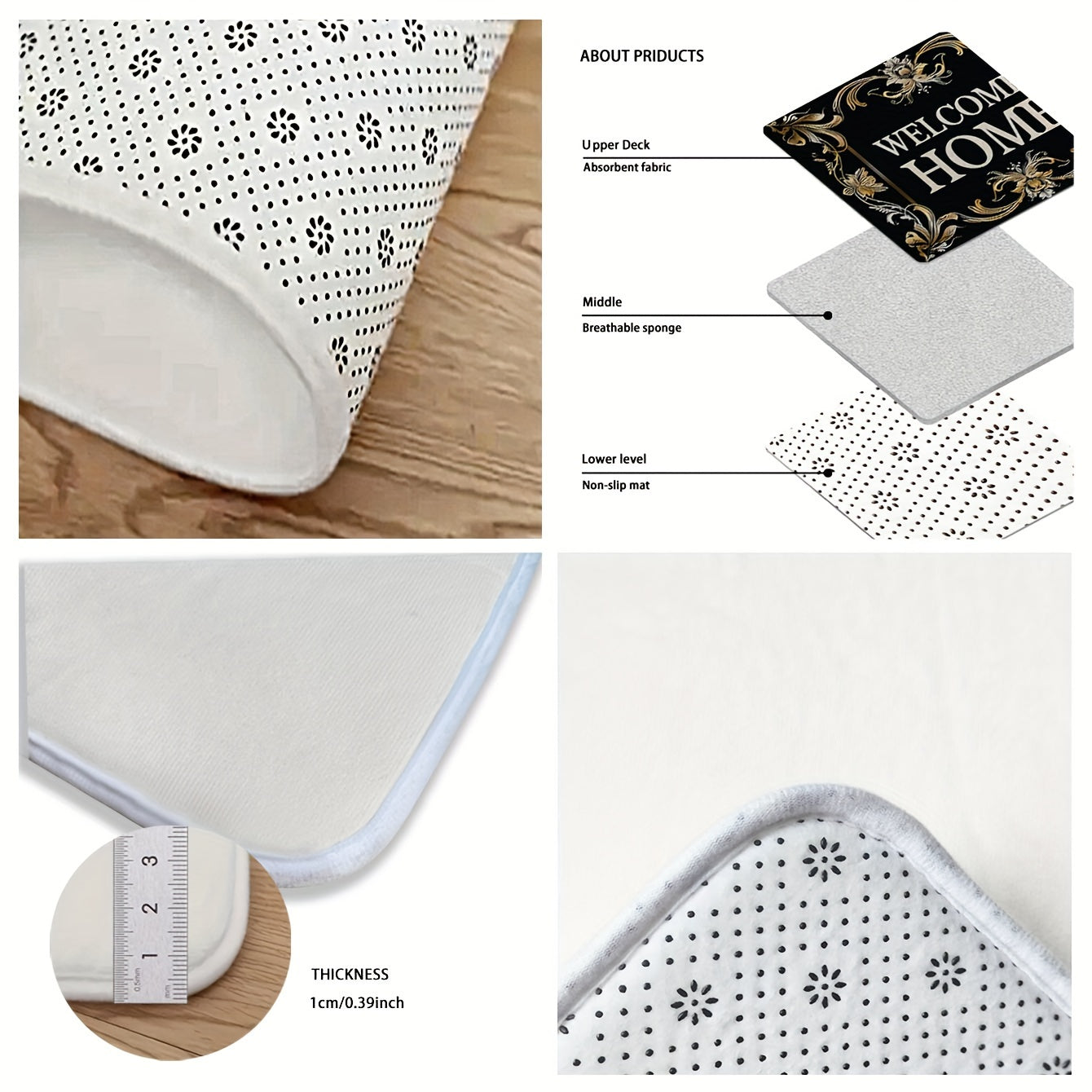 Bizning Home Floral Doormat bilan mehmondo'st muhit yarating - chidamli polyester mat, u sirg'almas, dog'ga chidamli va ichki/tashqi foydalanish uchun mukammal. Bu yengil, tez quriydigan mat oshxona, kir yuvish xonasi, hojatxona va boshqalar uchun ideal.