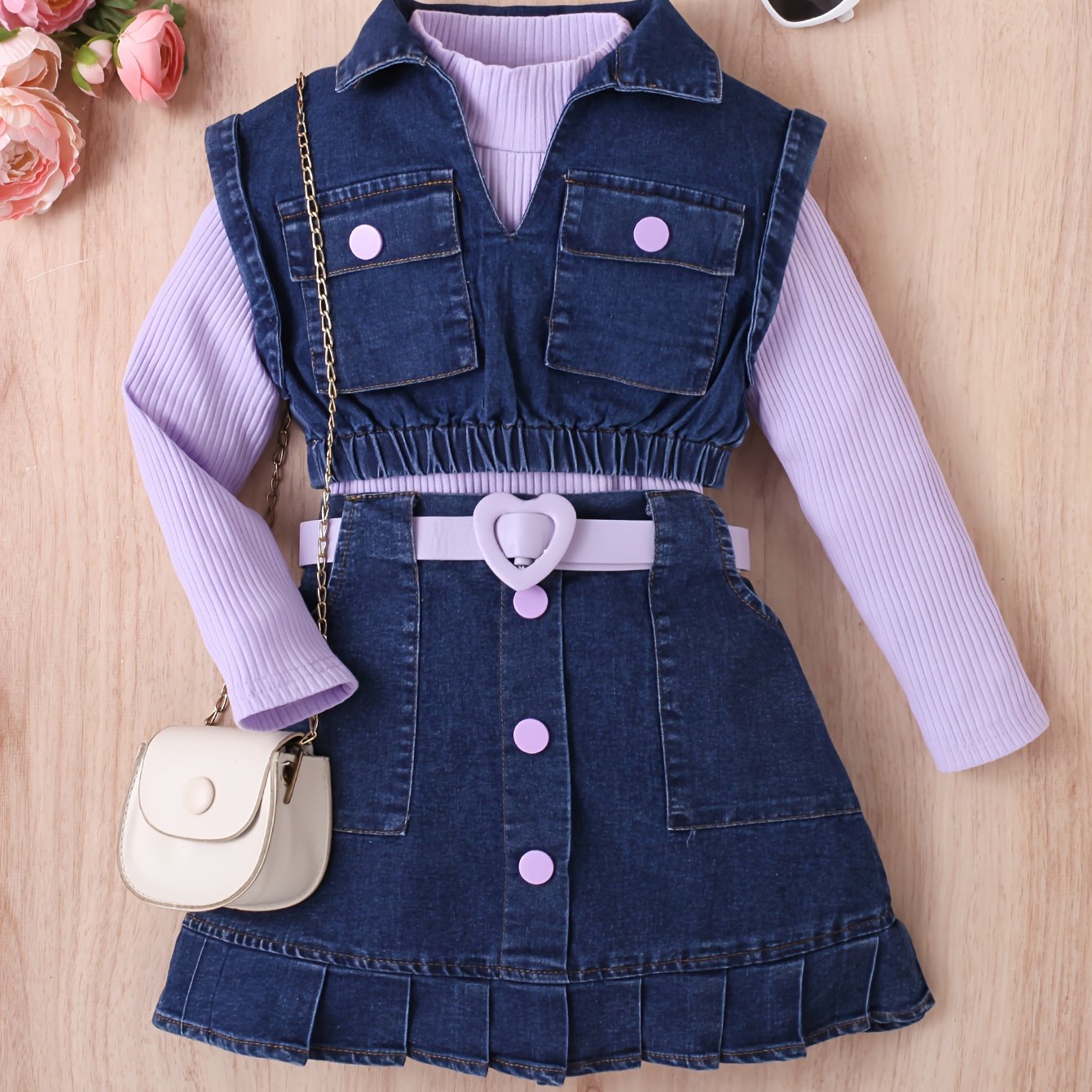 Girls' Casual Outfit Set with High Neck Long Sleeve Top Denim Vest and Pleated Knee-Length Skirt