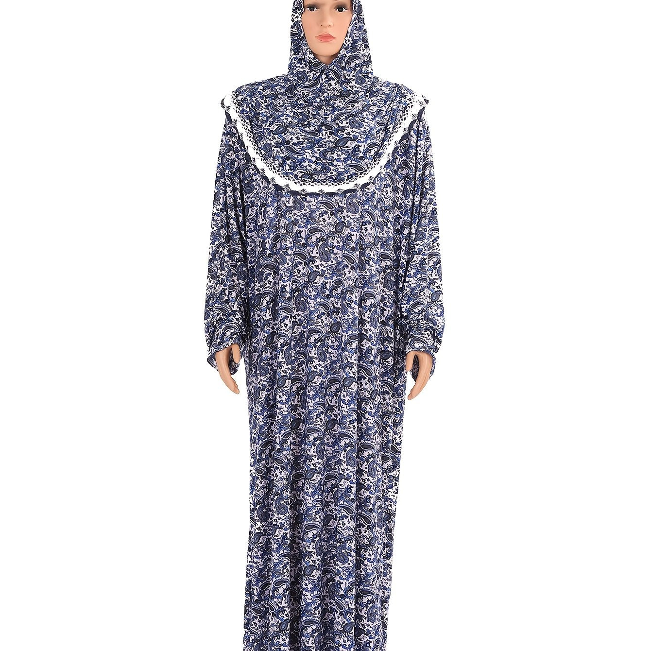 Plus Size Muslim Abaya Long Robe Floral Print Stretchy Fabric Ruffle