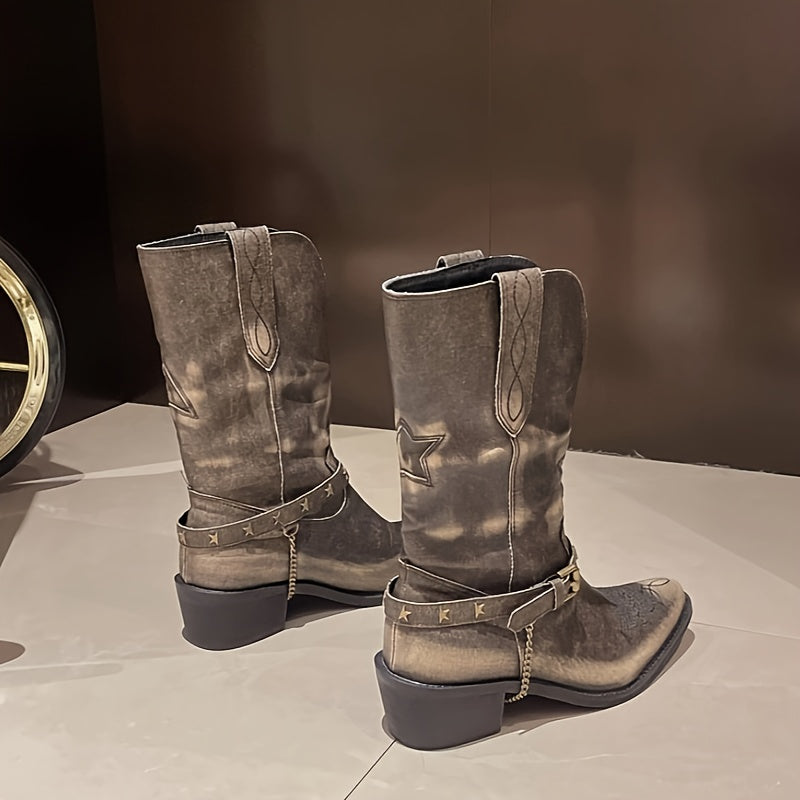 Women Western Cowboy Boots Pointed Toe Star Embroidered Mid-Calf Boots