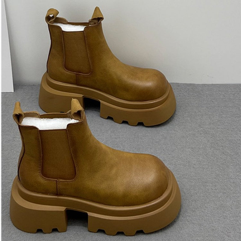 Women's Chunky Platform Boots Slip-On Thick Sole Non-Slip Rubber Brown Black Winter