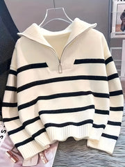Women's Black and White Striped Zip-Up Hoodie in Polyester Knit with Long Sleeves