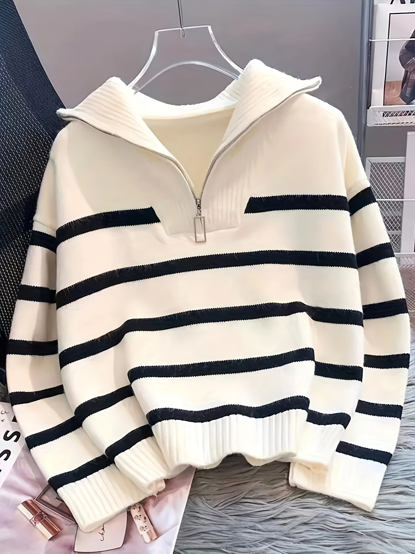 Women's Black and White Striped Zip-Up Hoodie in Polyester Knit with Long Sleeves
