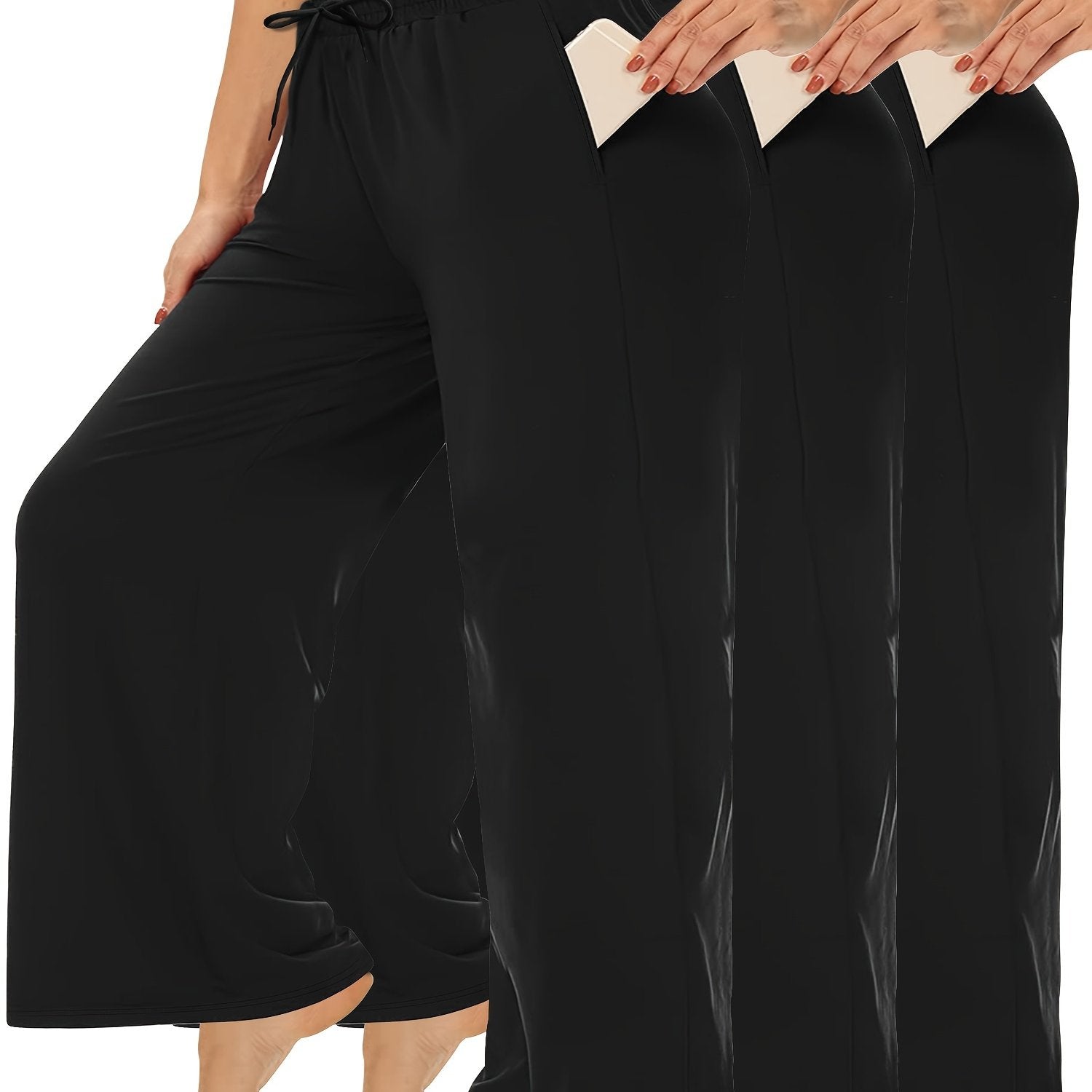 Plus Size Wide Leg Pants Elastic Waistband Drawstring Pockets Cropped Casual