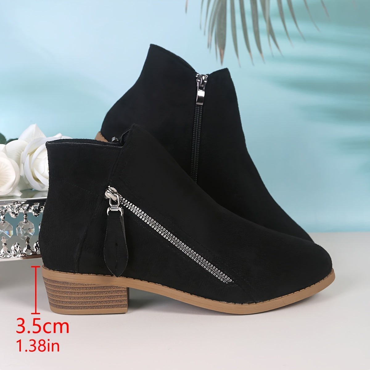 Women's Leather Ankle Boots with Chunky Heel and Double Zipper