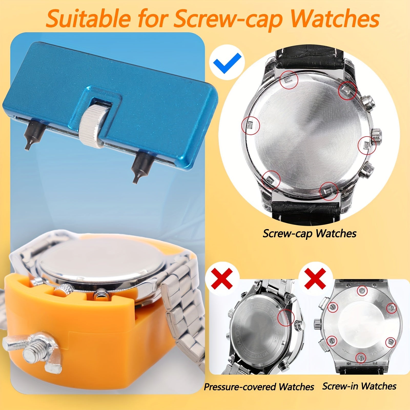 3-Piece Stainless Steel Watch Battery Replacement Kit with Wrench and Tools