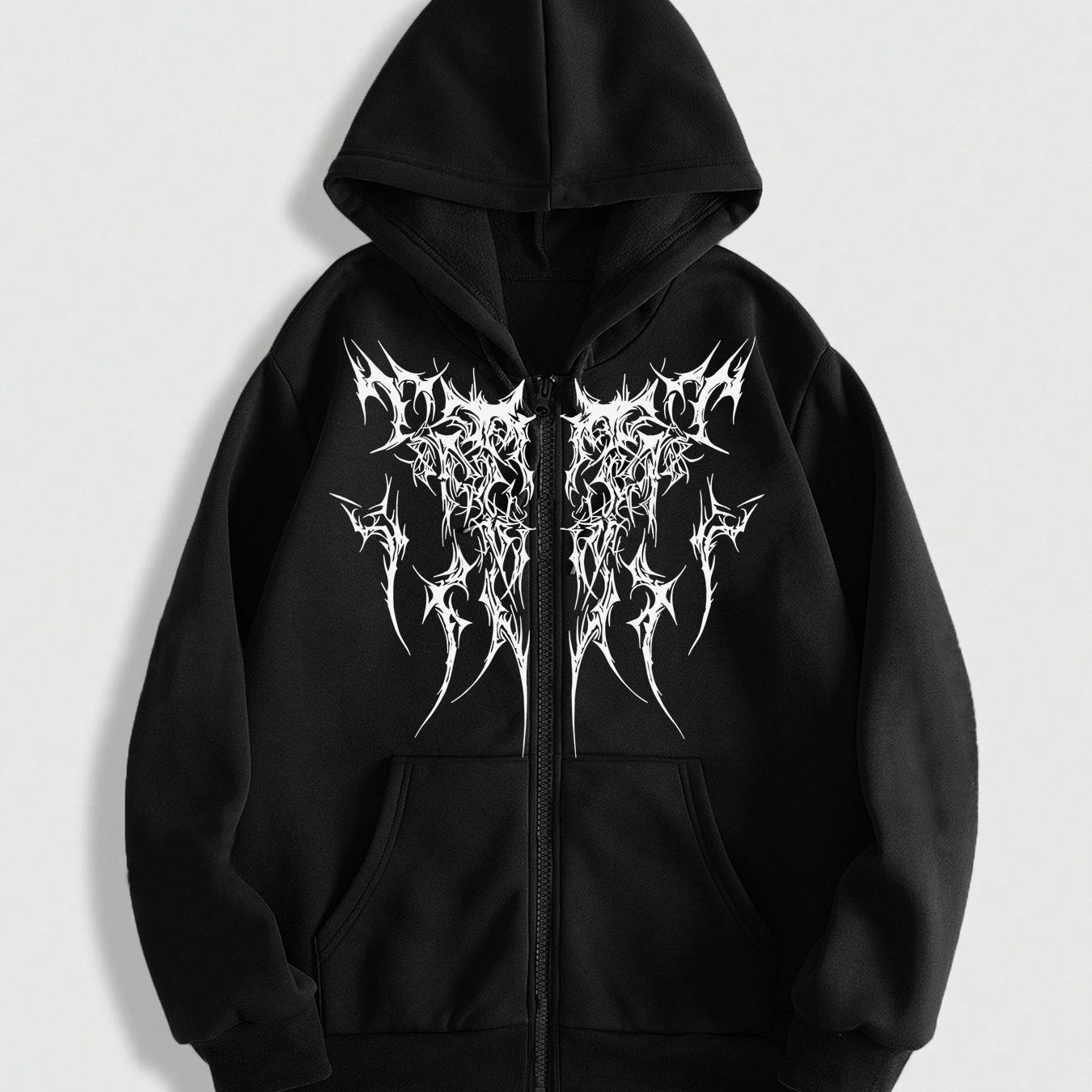 Men's Gothic Dark Print Hoodie Zip-Up Casual Sweatshirt with Kangaroo Pocket Fall Winter