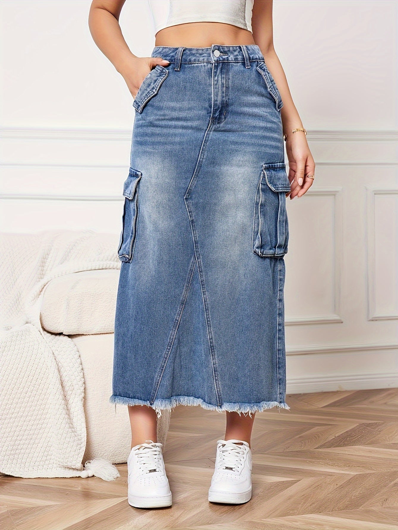 Falda de mezclilla recta de talle alto en azul claro para mujer con bolsillos