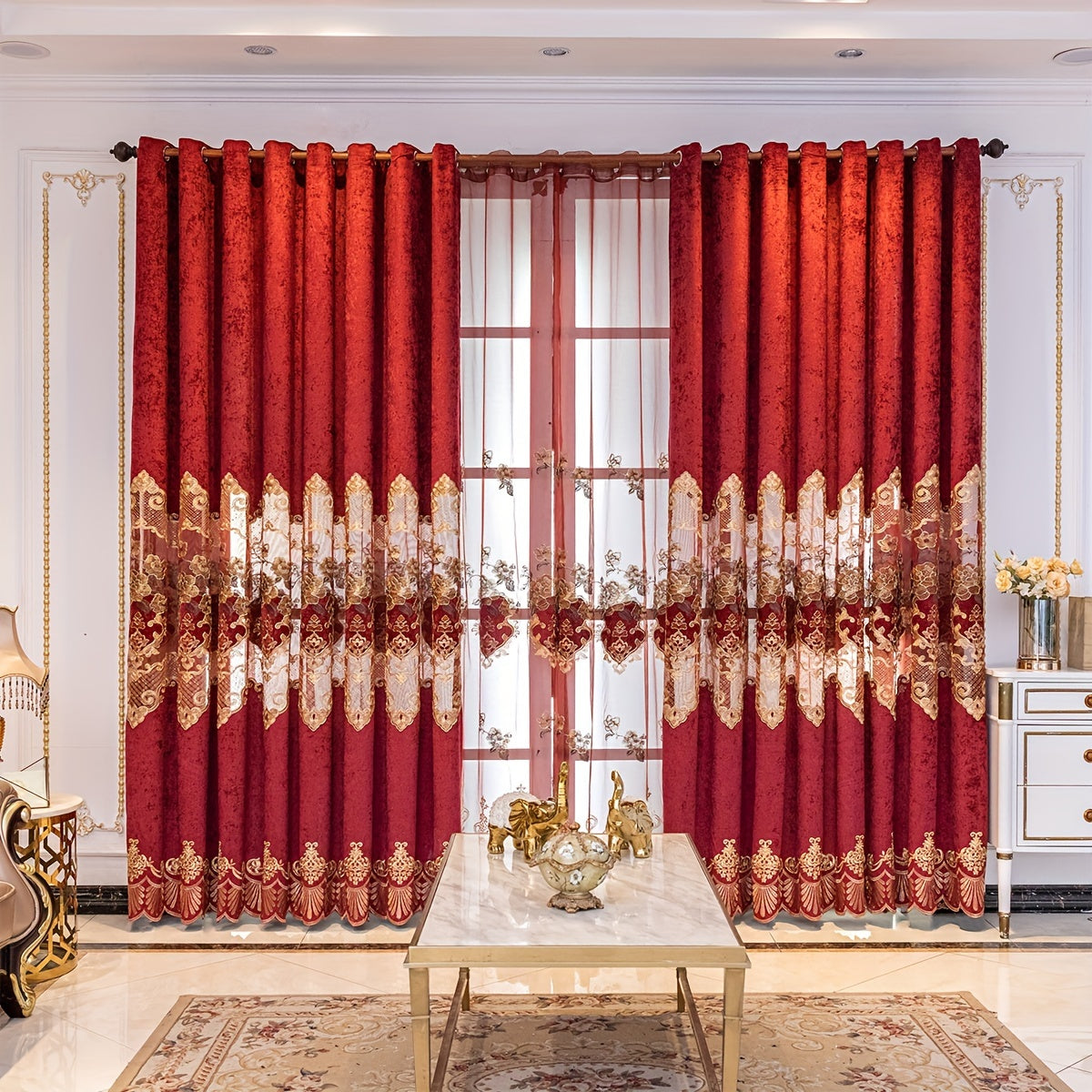 European-Style Thick Embroidered Curtains with Chenille Floral Designs and Translucent Yarn Finish for Living Room and Bedroom