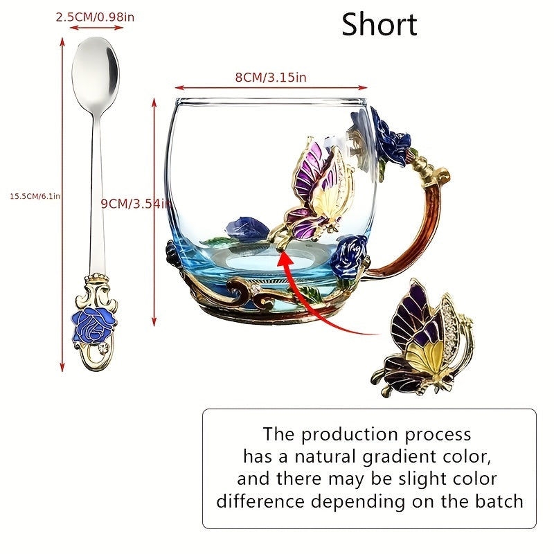 Enamel Crystal Tea Cup with Butterfly and Rose Design Includes Spoon Clear Glass
