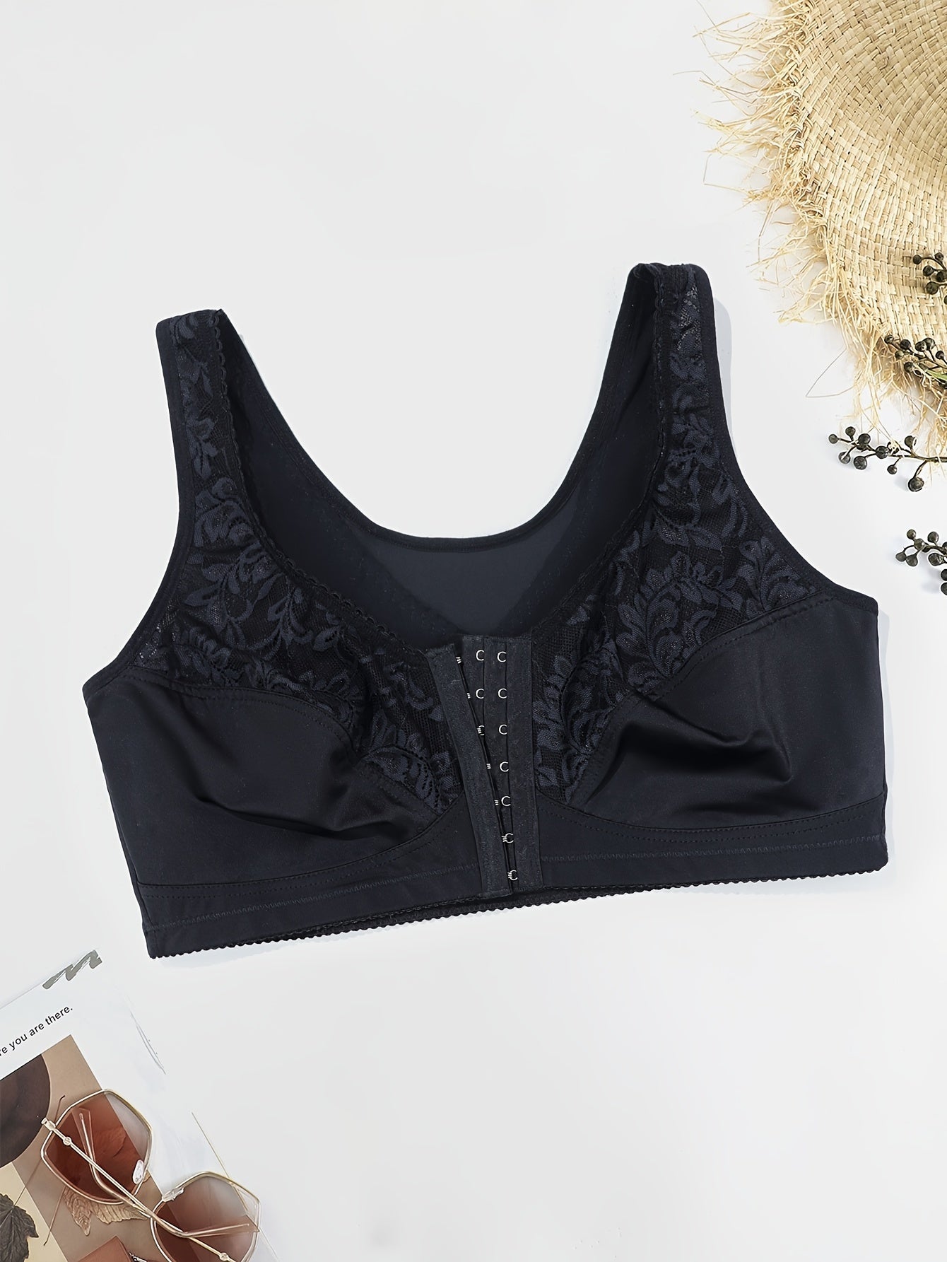 Sujetador bralette sin aros de talla grande para mujer con estampado floral y cierre frontal, con estiramiento medio